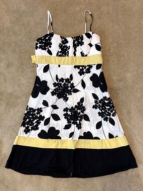 Trixxi Floral Spaghetti-Strap Dress in White, Black & Yellow Tie Bow
